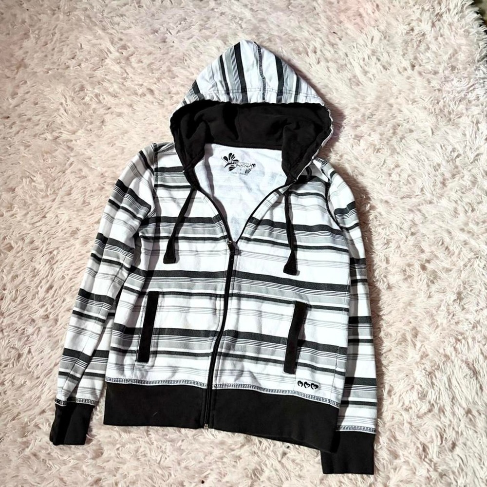 Vintage Y2K Skater Distressed Edgy Grunge Striped Zip Up Hoodie Womens S Punk